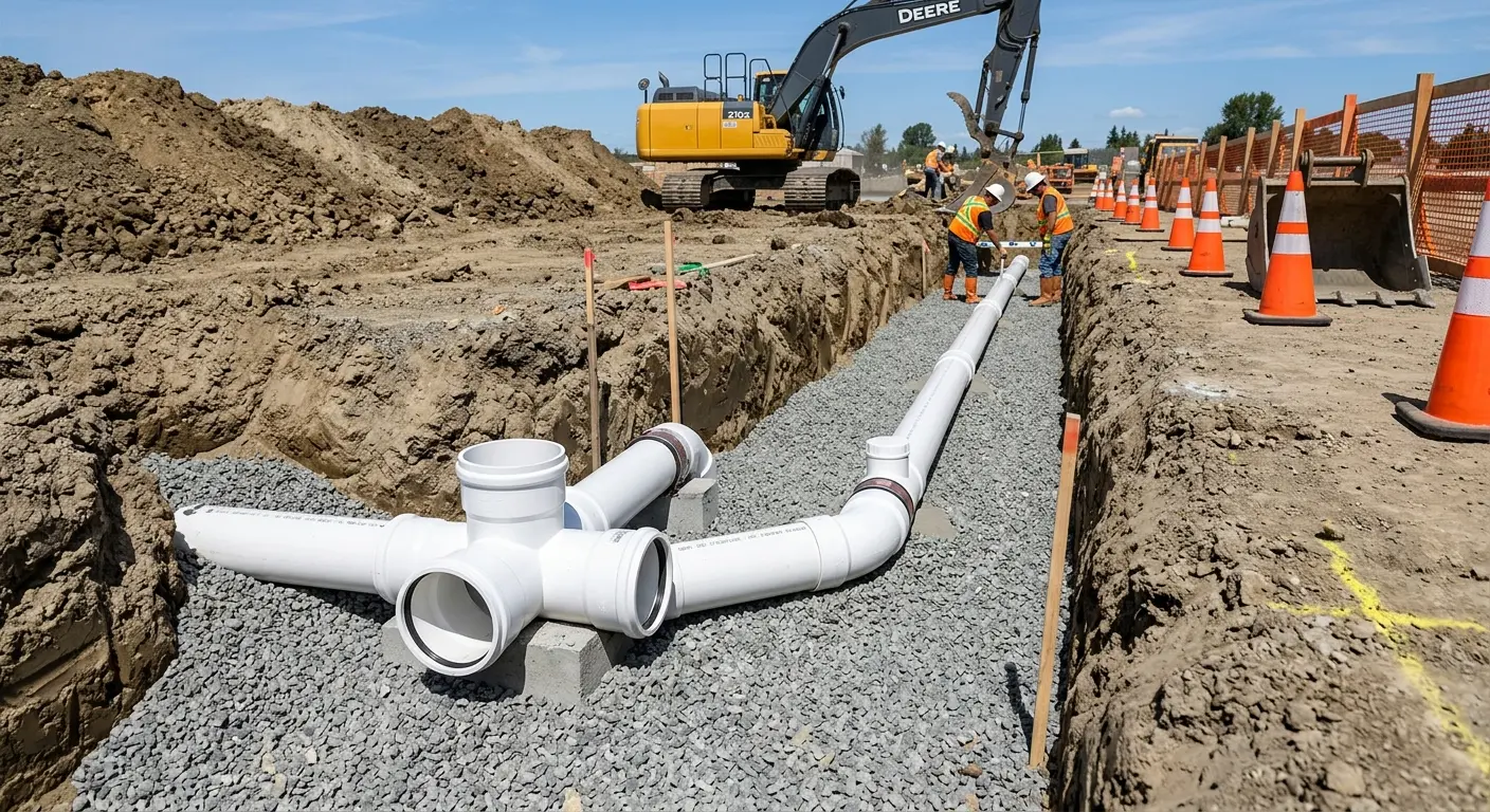 New PVC sewer pipe installation in open trench for Commercial Drain Cleaning in Fernley