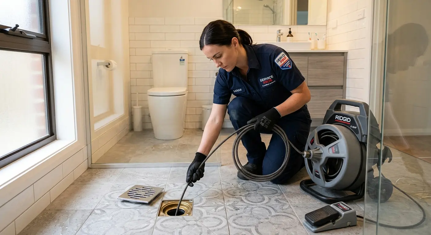 Technician clearing a bathroom floor drain for Drain Cleaning in Fernley